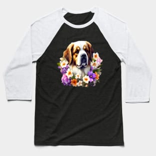 Saint Bernard Dog Surrounded by Beautiful Spring Flowers Baseball T-Shirt